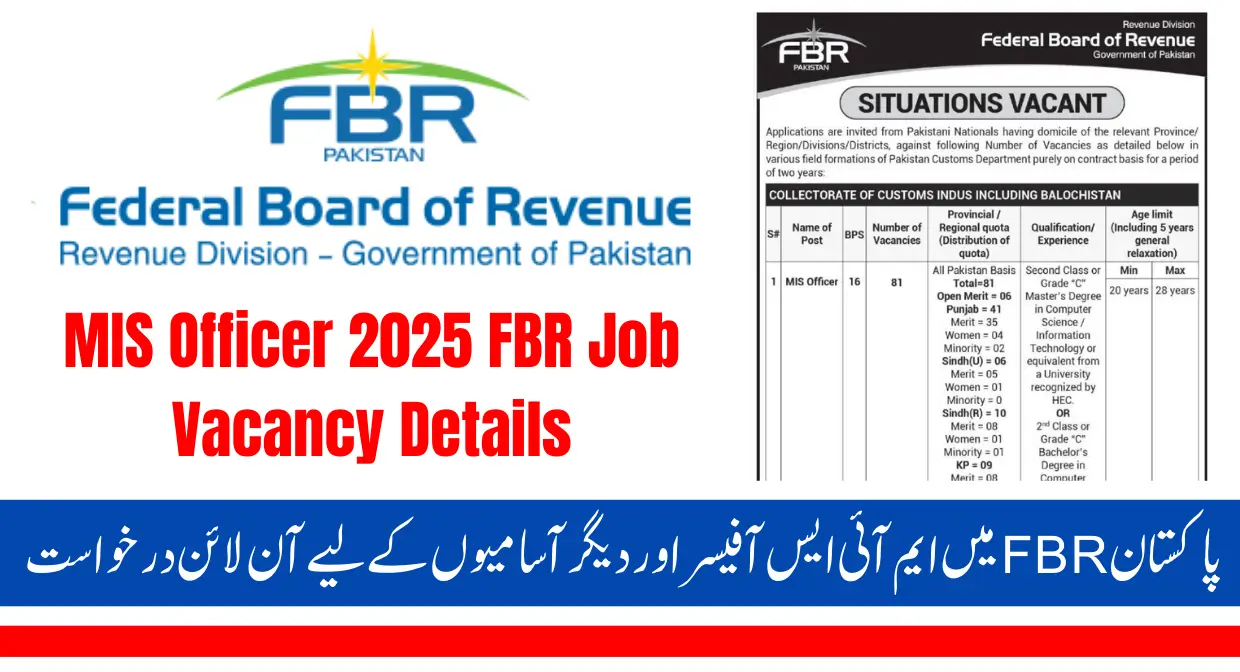 FBR Jobs in Pakistan 2025 Online Apply for MIS Officer & Other Vacancies