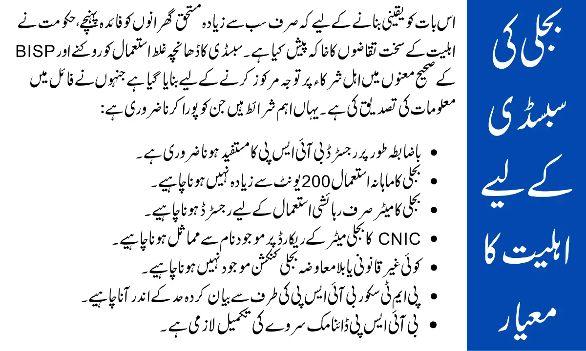 Eligibility Criteria for the BISP Electricity Subsidy